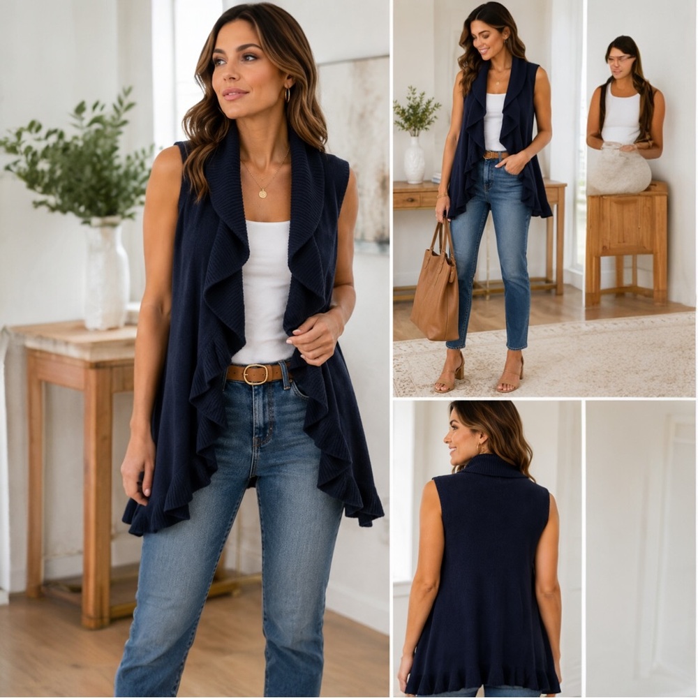 Cupio Navy Blue Ruffle Front Sleeveless Knit Cardigan Vest Size Large NWT